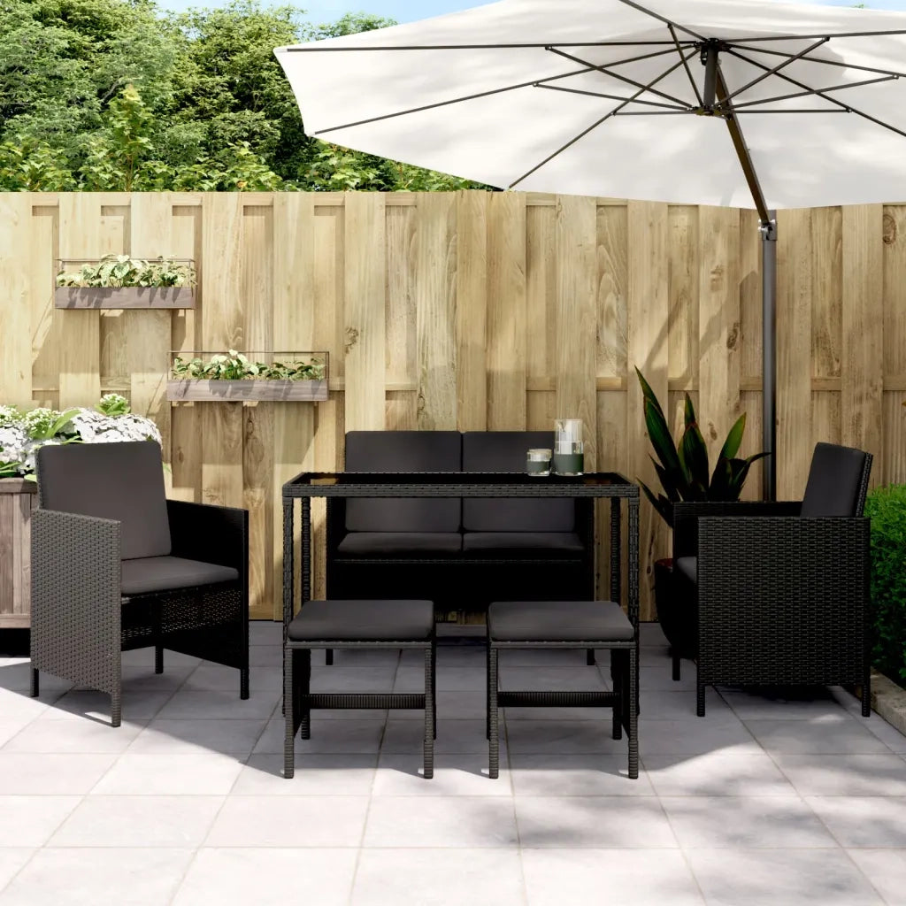 Set da Pranzo da Giardino 6 pz con Cuscini Nero in Polyrattan 363398