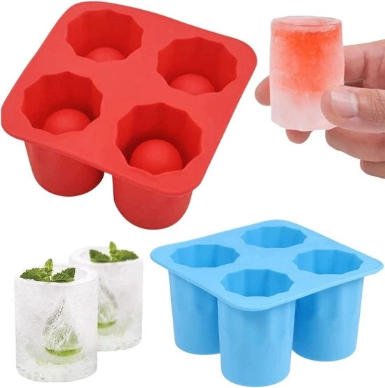 Due set di stampi per cubetti di ghiaccio in silicone a forma di tazza per cubetti di ghiaccio di grandi dimensioni, colore rosso e blu.