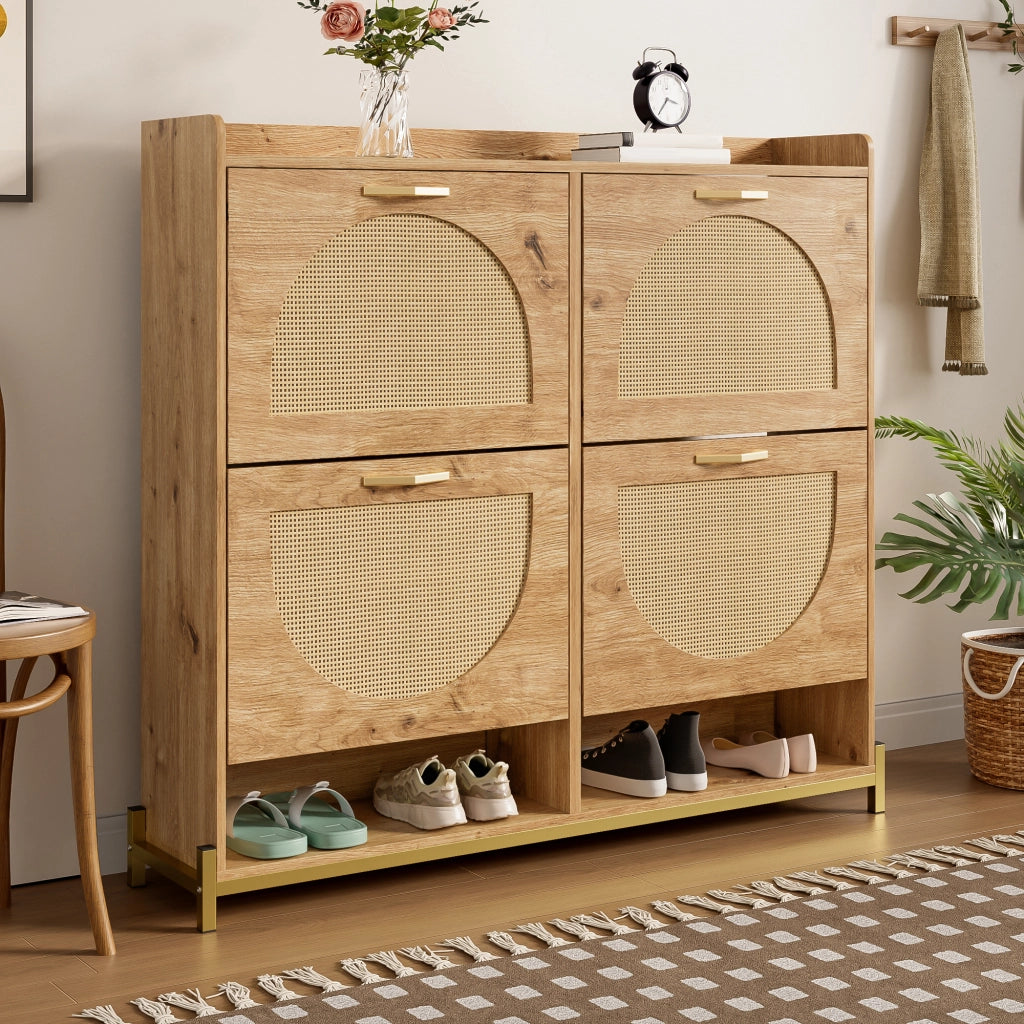 Mobile Scarpiera con 4 Ante e Ripiano Superiore; Salvaspazio; Stile Naturale; in MDF; 108;5×24×100 cm; Legno