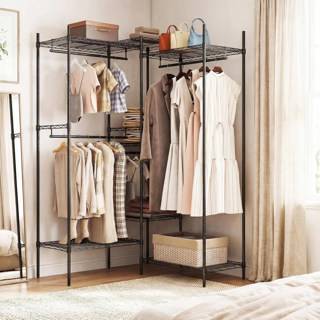 Appendiabiti asino convertibile, armadio per biancheria aperto con 7 ripiani regolabili e 4 aste per appendere, telaio in metallo, 188 x 46 x 198 cm, organizer per vestiti carico max. 530 kg