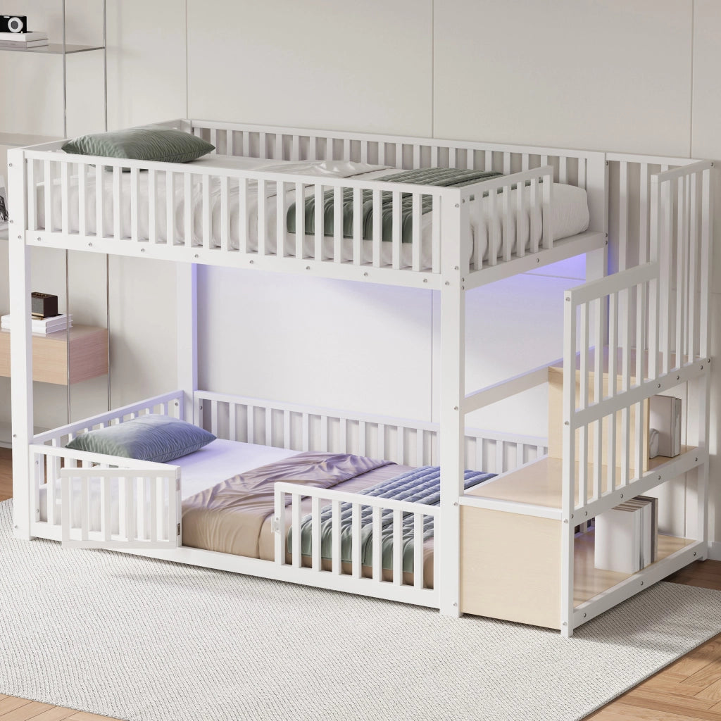 Letto a Castello 90x200 in Metallo Bianco con Scala Contenitore e LED Integrati
