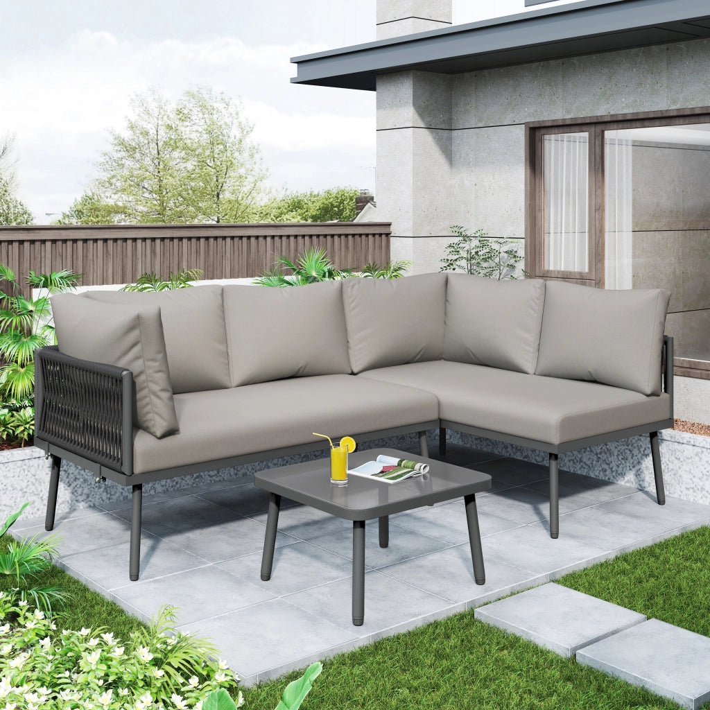 Set Lounge da Giardino Angolare ¨C MINIMAL ¨C Divano 2 Posti, Tavolo, Corda Grigia, Cuscini