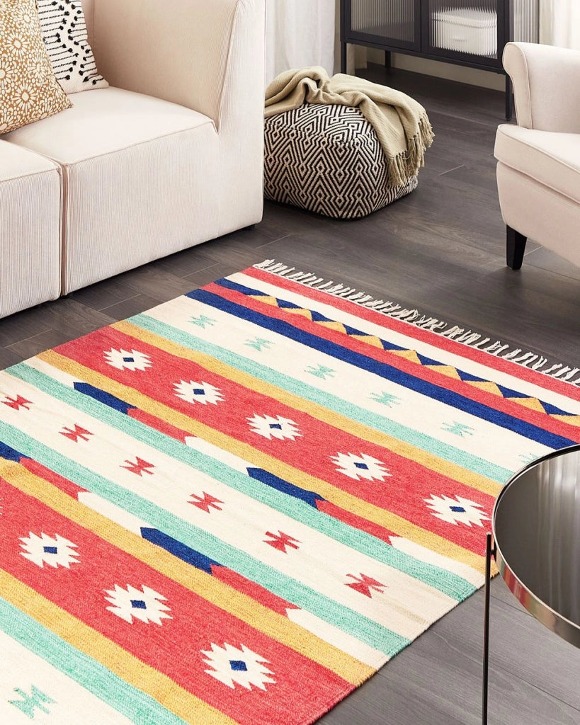 Tappeto Kilim in cotone multicolore 140 x 200 cm Tappeto da pavimento tessuto a mano Tappeto da parete a motivo geometrico reversibile Frange