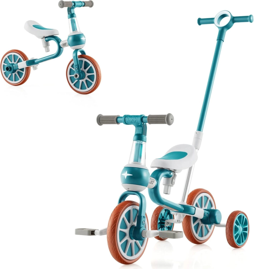 4 in 1 Triciclo Evolutivo per Bambini, Bicicletta Bambini con Manico a Spinta Regolabile in 4 Posizioni, Sellino in 2 Posizioni, Pedali Rimovibili, per Bambini e Bambine da 1 Anno + (Verde)