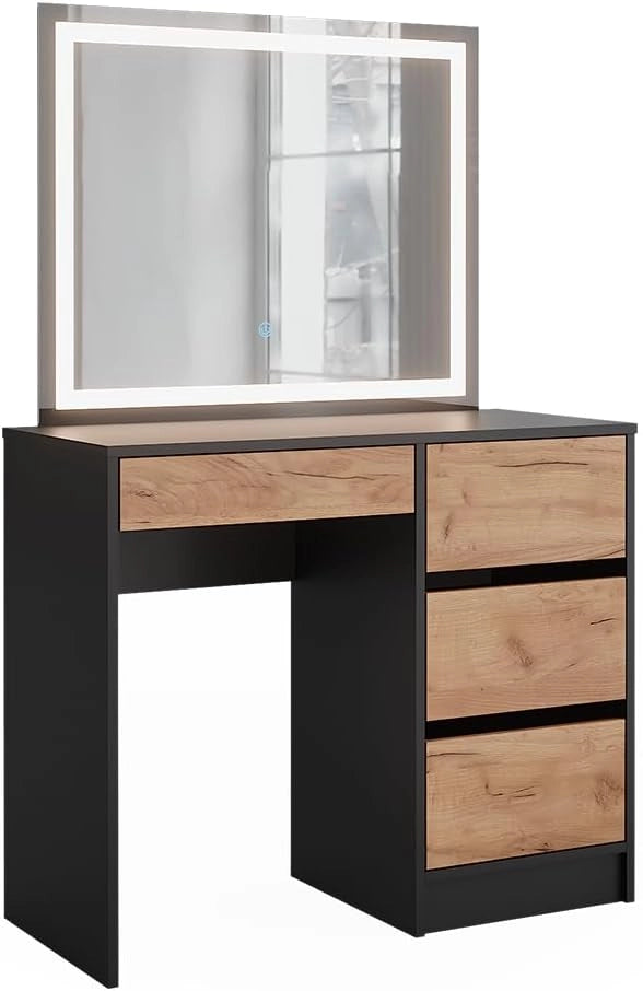 Tavolo da toilette Sherry, Antracite/quercia dorata, 90 x 75 cm con specchio a LED, con illuminazione LED e sgabello coordinato