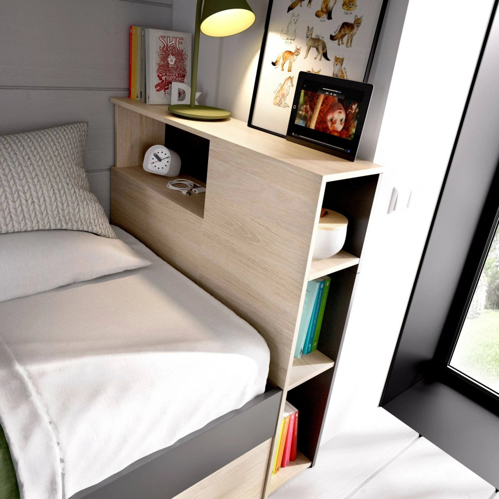 Letto per bambini Adrielle, Lettino per cameretta con testiera, Struttura per letto singolo con cassetto e scaffali, 218x99h96 cm, Rovere e Antracite