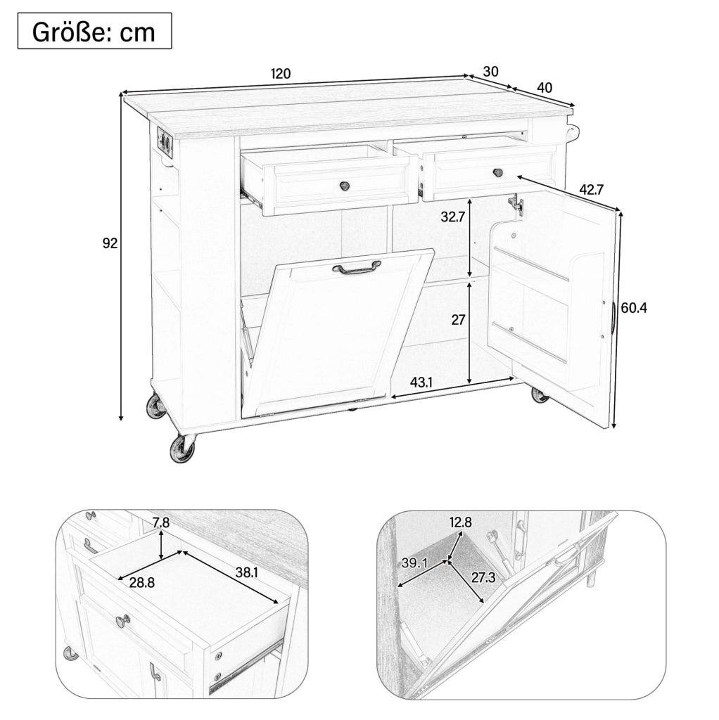 Isola cucina mobile nera 120x40-70x92 cm con prolunga, prese e vano contenitore