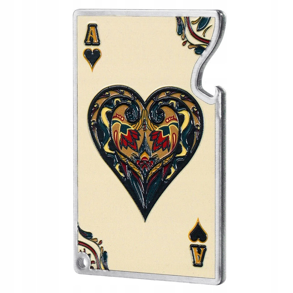 Apribottiglie KADAX in metallo con asso di cuori e carta regalo da poker.