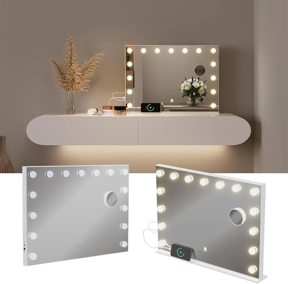 Specchio da toilette Greta, Bianco, 58 x 47 cm con illuminazione a LED, con specchio cosmetico integrato 10x e porta USB