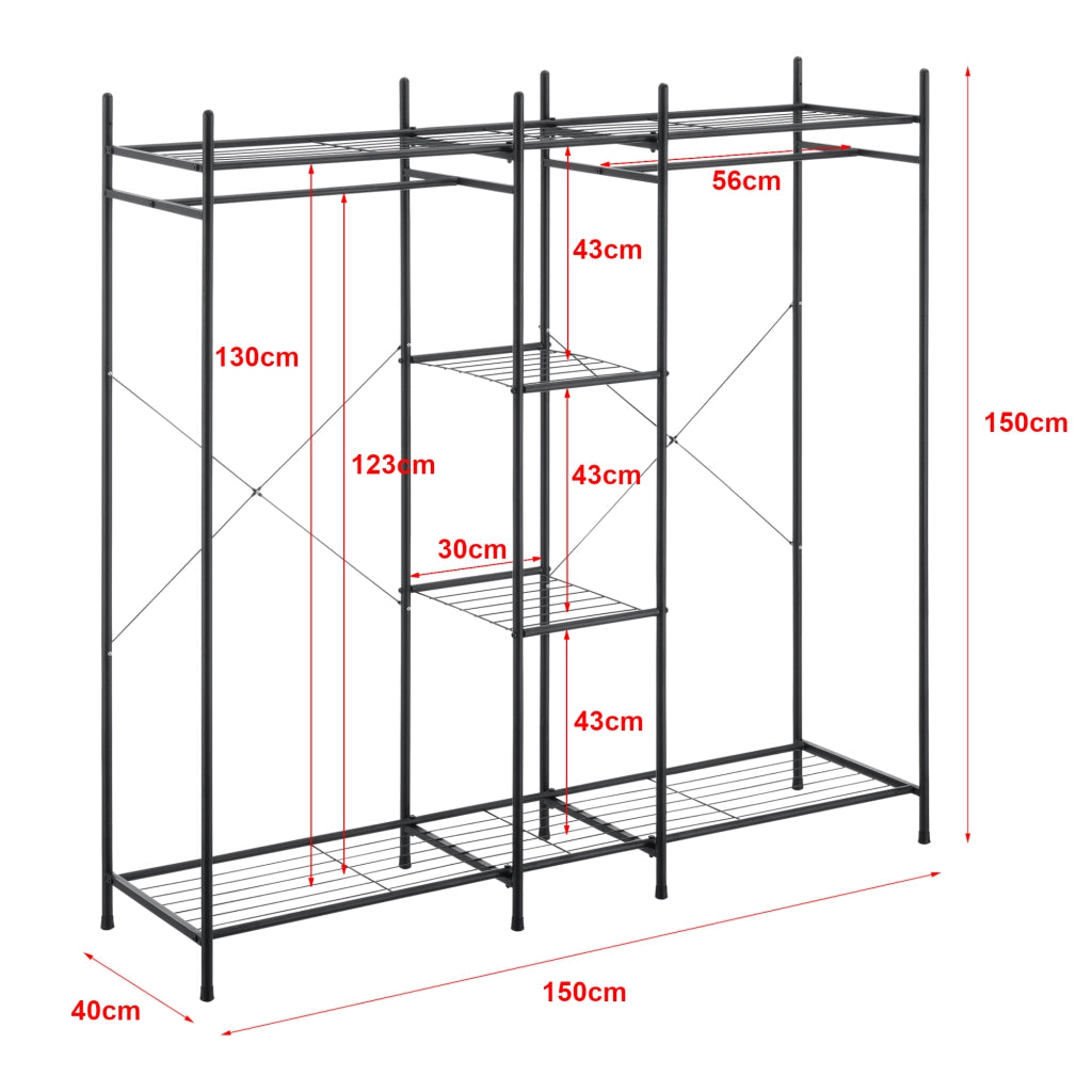 Organizzatore Guardaroba, Scaffalatura con 2 Aste Appendiabiti e 4 Ripiani, Cabina Armadio Senza Ante (AxLaxP) 150 x 150 x 40 cm - Nero, Metallo