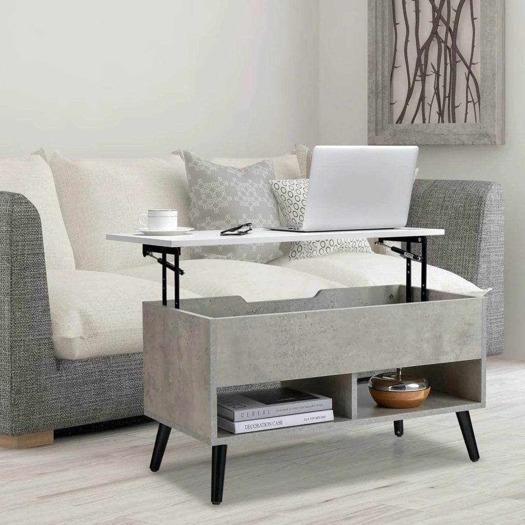 Tavolino da caffè con piano regolabile in altezza, tavolino da caffè con cestino portaoggetti e 2 ripiani aperti, tavolino estraibile con sollevatore a molla, moderno 80 x 40 x 46/60 cm