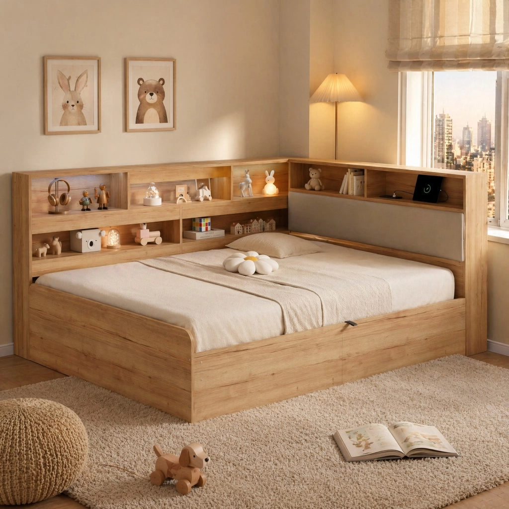 Letto daybed con contenitore idraulico; LED e presa USB; 90x200/140x200 cm; naturale