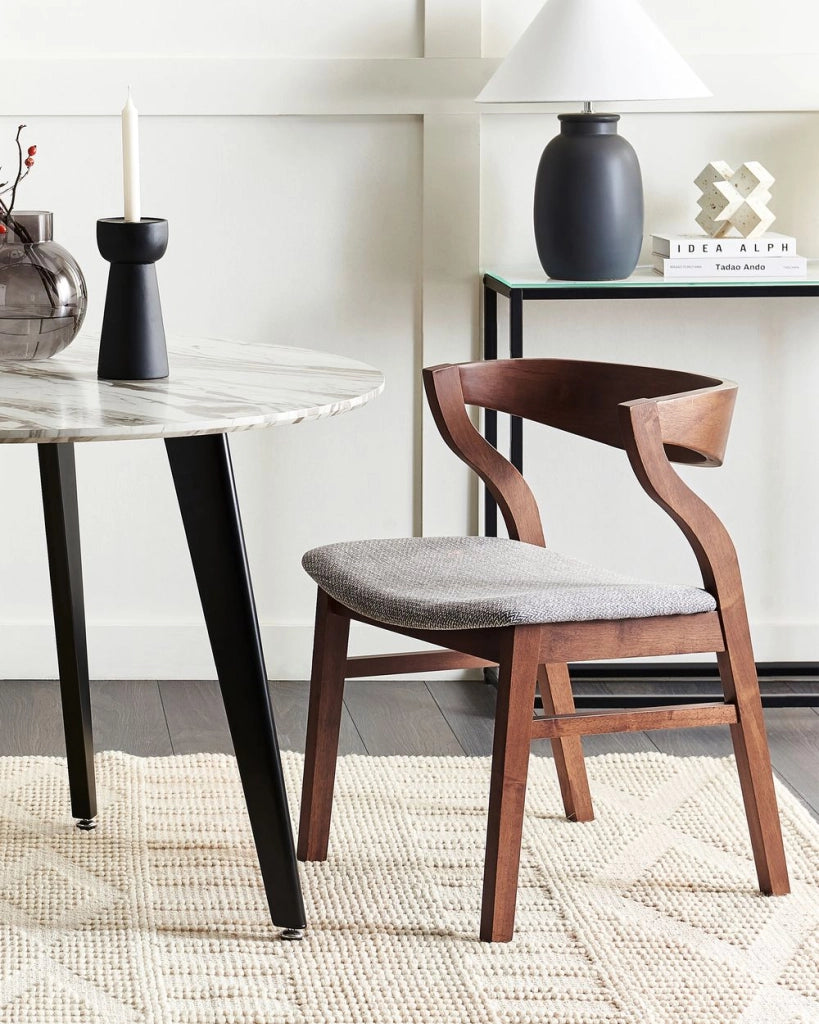 Set di 2 sedie da pranzo in legno scuro e compensato grigio tessuto in poliestere gambe in legno di caucciù stile retrò tradizionale