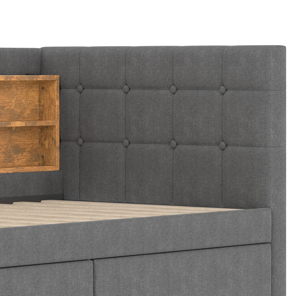 Letto da giorno ULEVR 90x200 cm con 2 cassetti, USB e Type-C, ripiani integrati, lino grigio