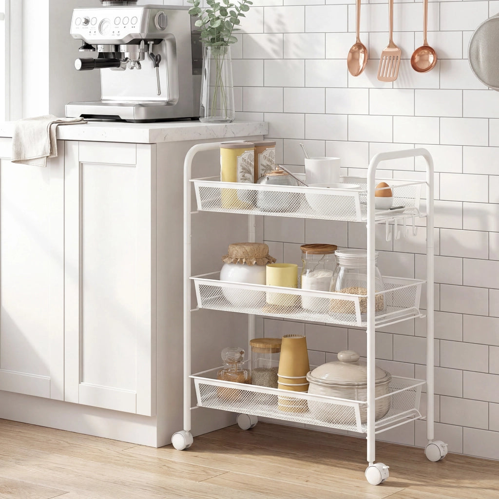 Carrello a 3 livelli con cesti ¨C zephmum ¨C bianco 45x26.5x63 cm