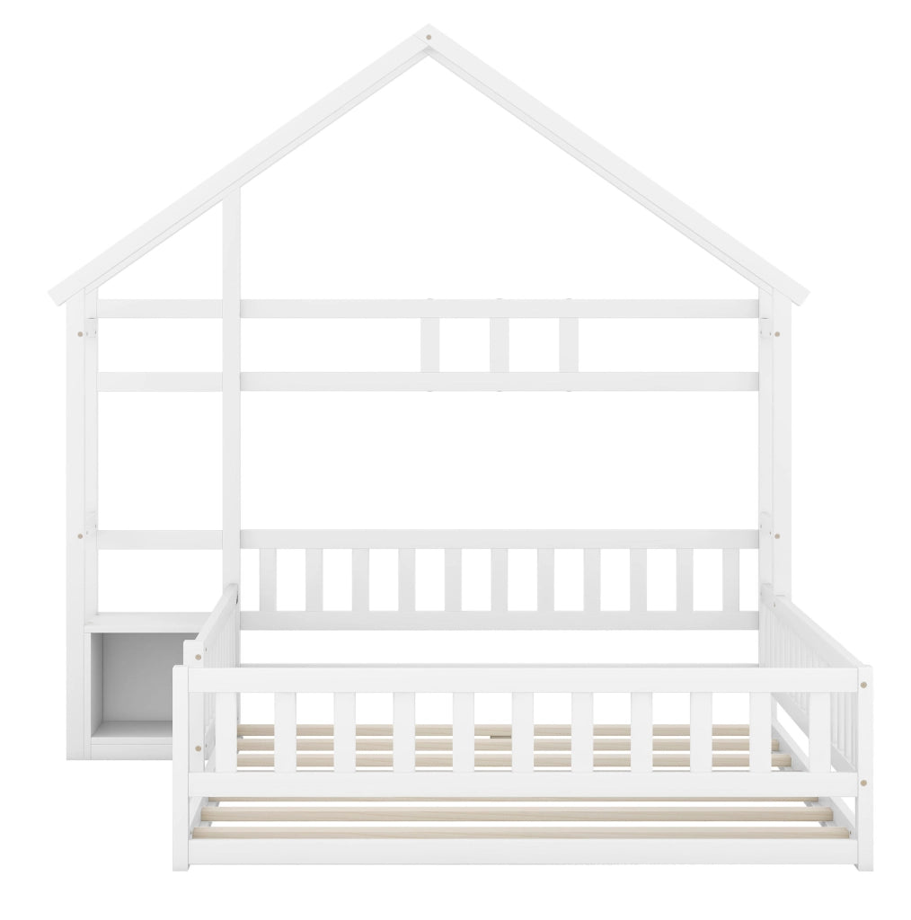 Letto per bambini a forma di casetta 140x200 cm con sponda di sicurezza e comodino; bianco