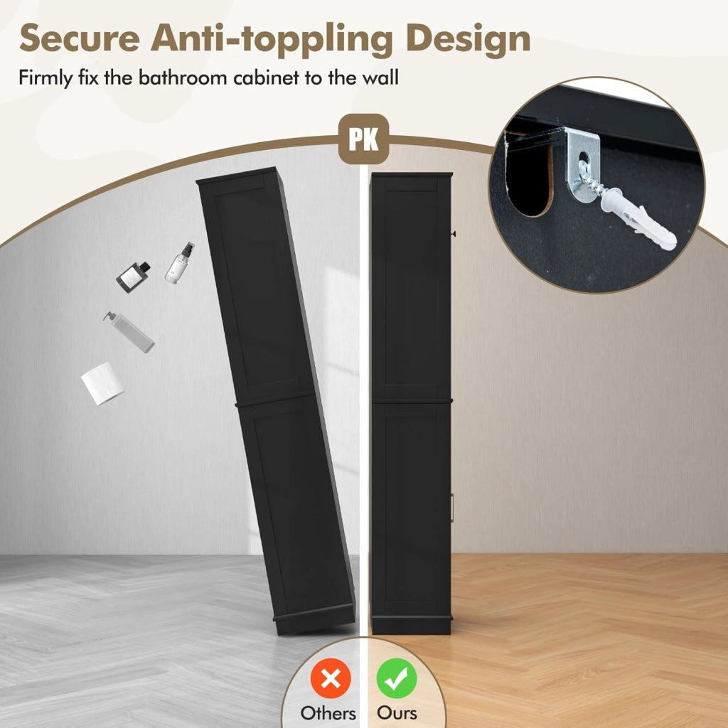Armadietto da bagno sottile con 2 ante, ripiano regolabile e 2 scomparti aperti, mobile alto per bagno e soggiorno (nero, 40 x 30 x 170,5 cm)