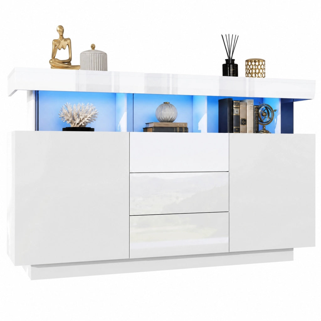 Sideboard moderno 140 x 35 x 80 cm bianco lucido con LED, 3 cassetti e 2 ante