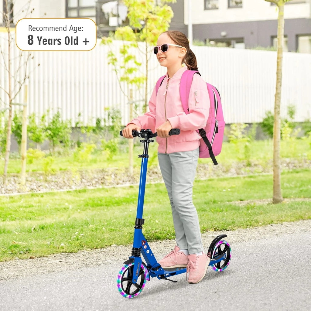 Monopattino da bambino con 2 ruote, LED e freno, skateboard pieghevole, 3 altezze regolabili, scooter in alluminio con cavalletto e cintura, carico 100 kg, bambini 8 anni