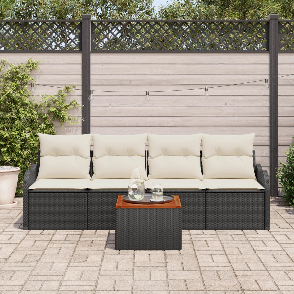 Set Divano da Giardino  5 Pezzi con Cuscini Rattan Polimerico Nero Acacia