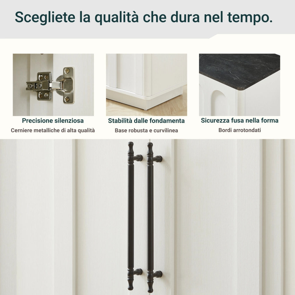 Sideboard con 4 porte e cerniere soft-close, 160 cm, bianco e nero con fissaggio a parete