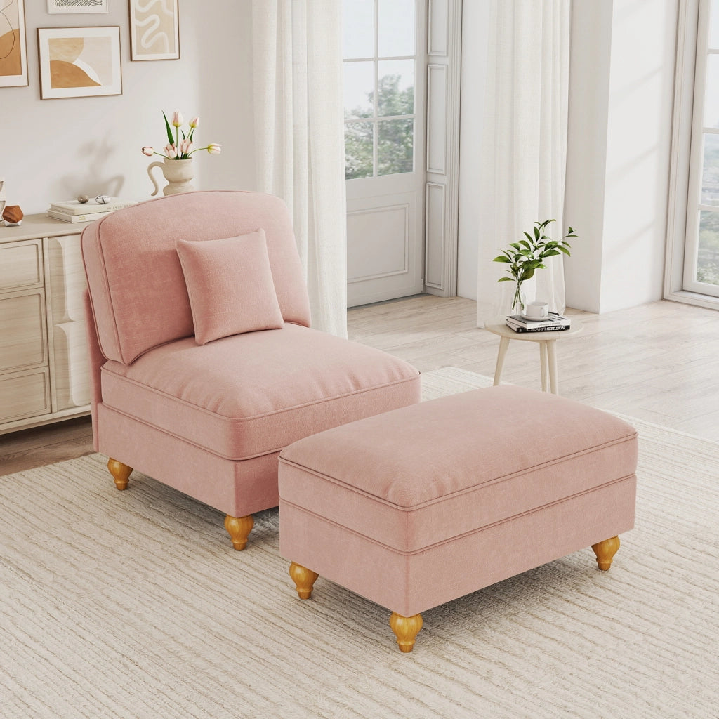 Poltrona lounge con pouf e gonna rimovibile; seduta morbida e gambe a fuso in chenille rosa