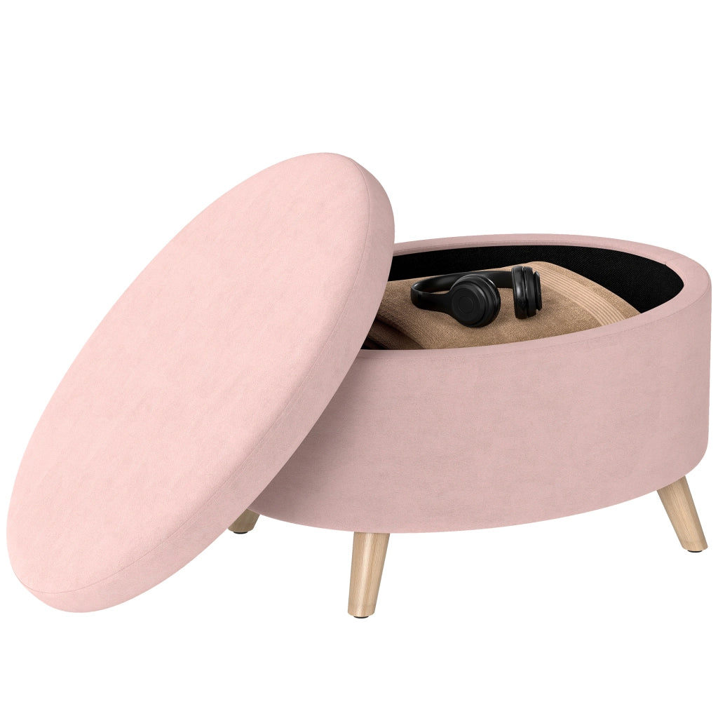 Pouf contenitore ovale ¨C Xylo ¨C velluto rosa chiaro gambe in legno 71x51,5x42 cm