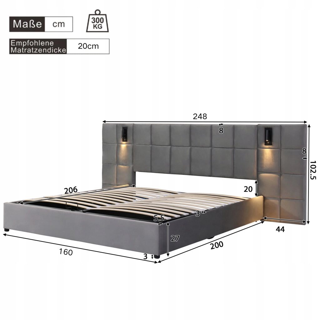 Letto imbottito - Xylo - 160x200 - Grigio - Velluto idraulico