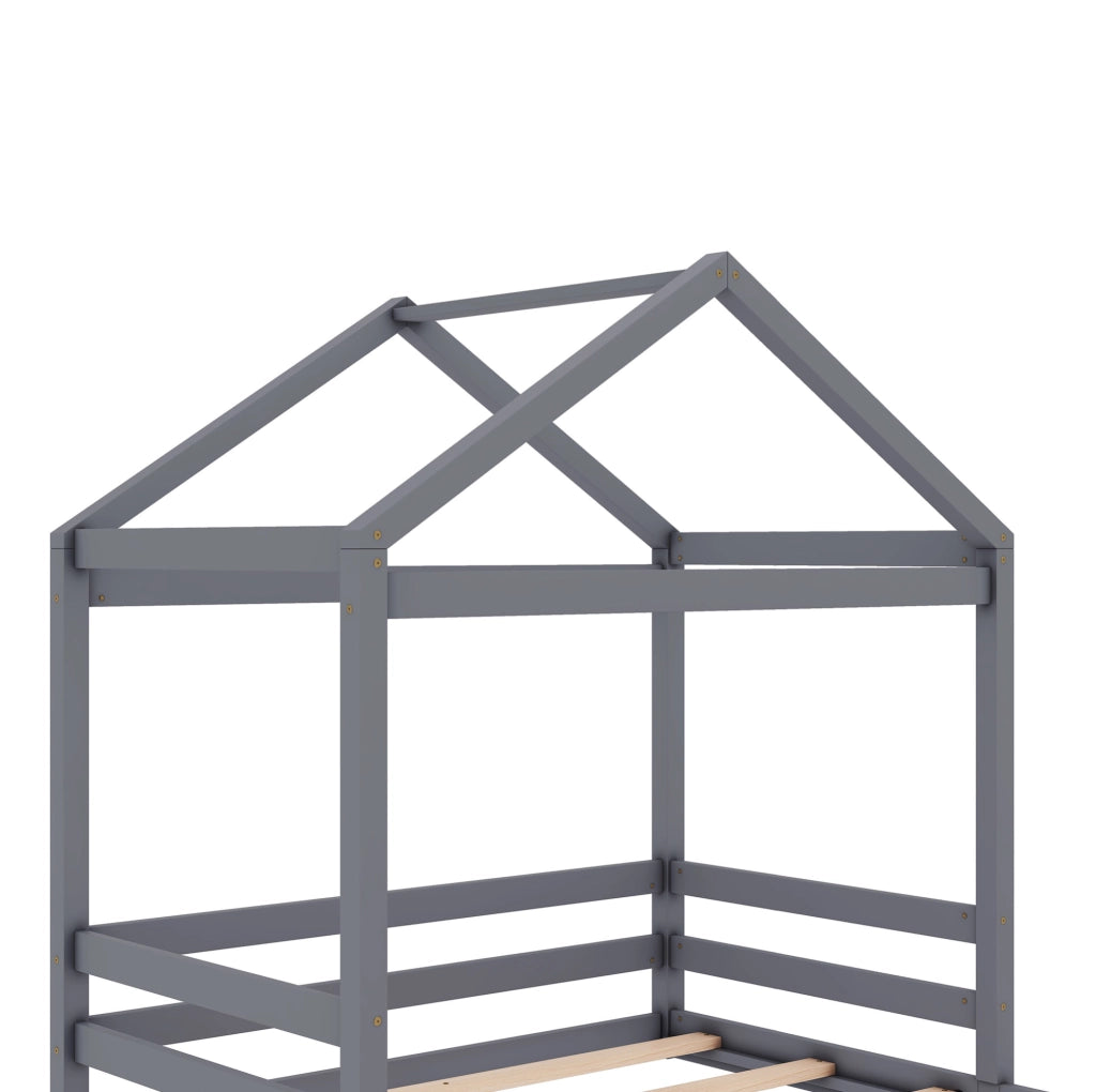 Letto per bambini a forma di casa 140x200 cm con rete a doghe; legno di pino e MDF grigio