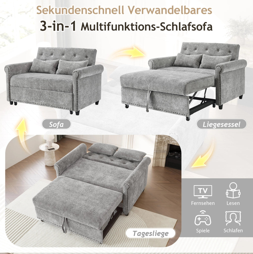 Divano letto 3 in 1 grigio in cheniglia con schienale regolabile
