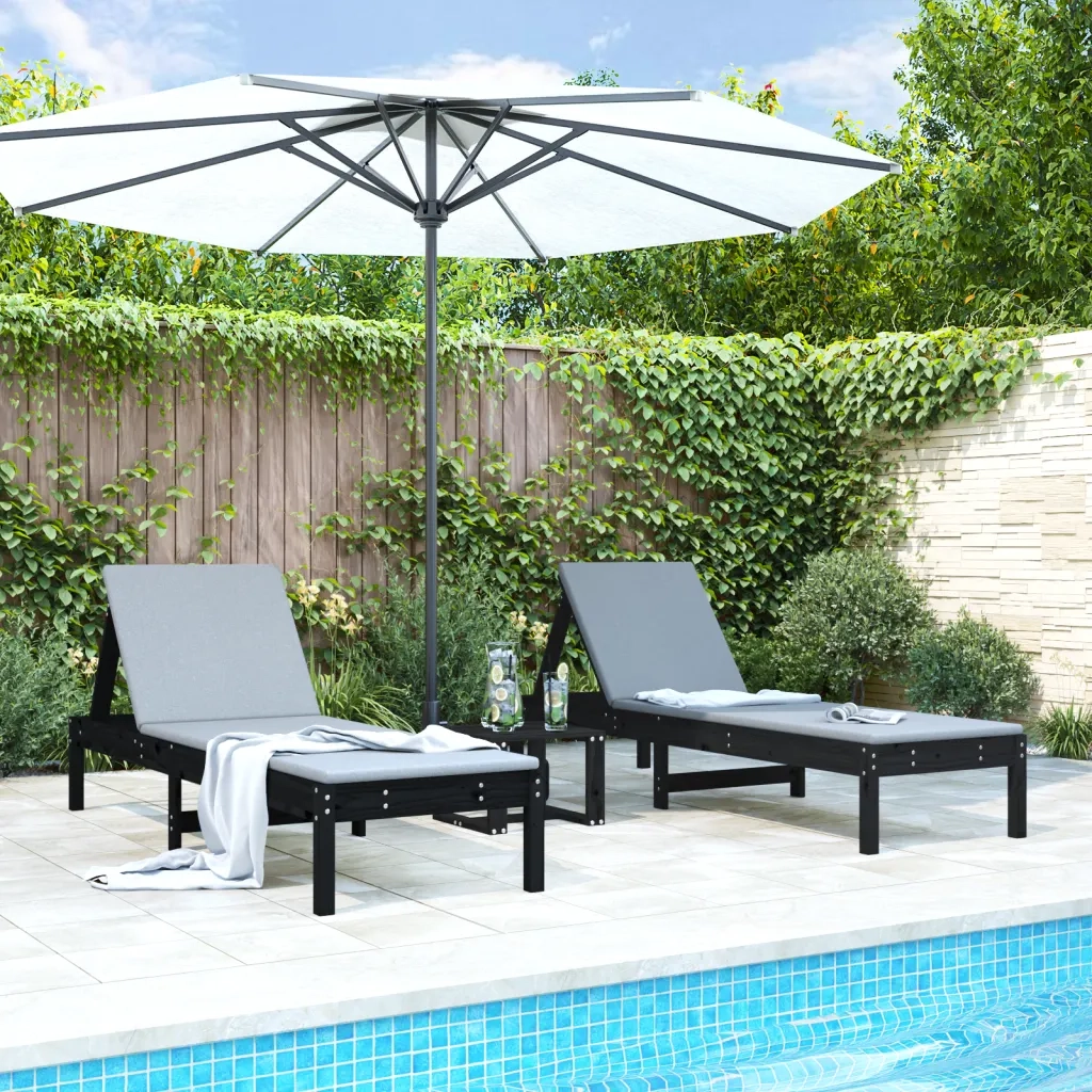Lettini Prendisole 2 pz | Sdraio da giardino | Lettino da sole Neri 199,5x60x74 cm Legno Massello Pino