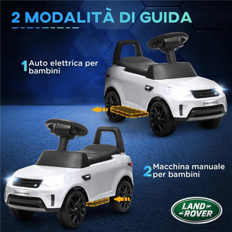 MACCHINA PER BAMBINI CON LICENZA LAND ROVER 6V FUNZIONAMENTO ELETTRICO E A SPINTA VELOCITÀ 3KM/H BIANCO