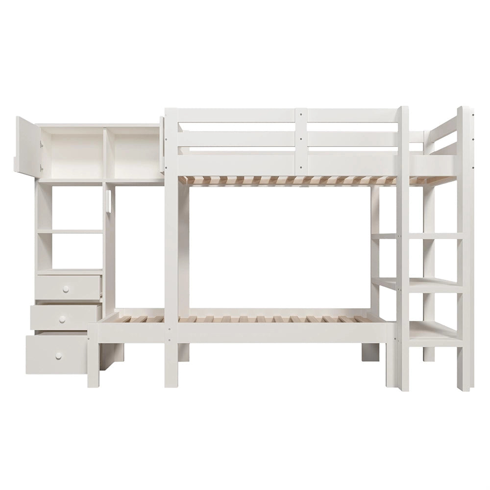 Letto a castello-Xylo-90x200cm, luce notturna, armadio, scaffale, bianco