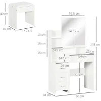 Toeletta da Trucco con Specchio, Tavolo da Trucco, Sgabello, 4 Cassetti e 4 Ripiani, Bianco