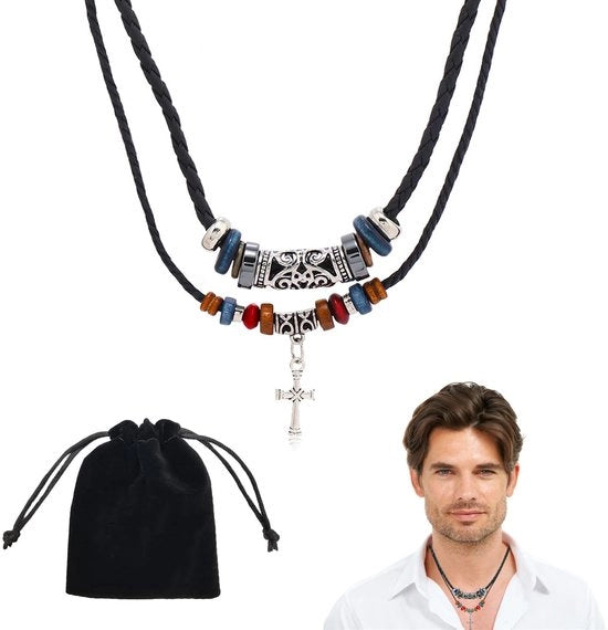 Collana in Pelle per Uomo - Collana con Pendente - Collana Stilistica - Lunghezza Regolabile 45 cm - Sostenibile e Comoda - Collana per Uomo