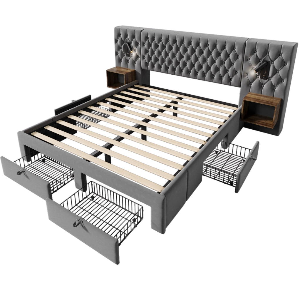 Letto matrimoniale 180x200 cm con 2 comodini; 4 cassetti; USB C e USB; velluto grigio
