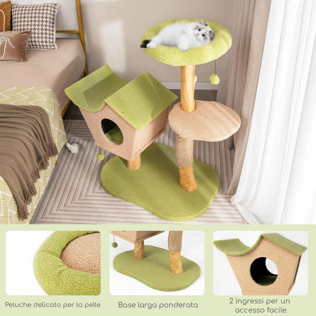 Albero per Gatti da 110 cm, Torre per Gatti in Legno con Cuccia Imbottita, Nicchia per Gatti, Tiragraffi, Piattaforma di Salto, Base Pesante e Palline Appese