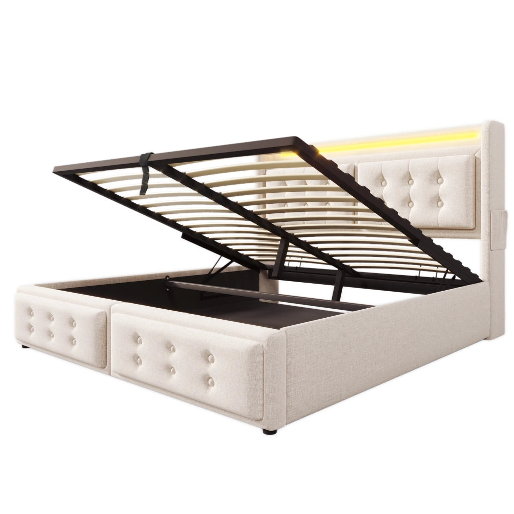 Letto imbottito ULEVR 140x200 cm con contenitore a gas, LED, prese USB e Type-C, beige
