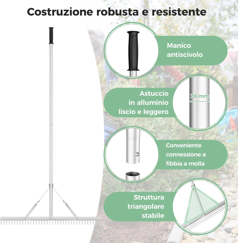 Rastrello da Giardino, Rastrello in Alluminio con Testa Larga 91 cm, 36 Denti, Manico Lungo 174 cm, per Allentare il Terreno, Cura del Prato, Cura del Lago Stagno Spiaggi