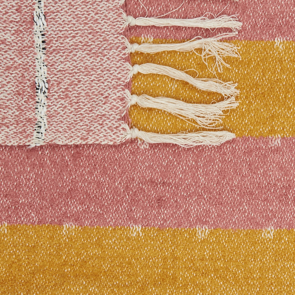 Coperta in cotone acrilico rosso chiaro giallo beige 130 x 170 cm motivo a righe nappe boho soggiorno camera da letto