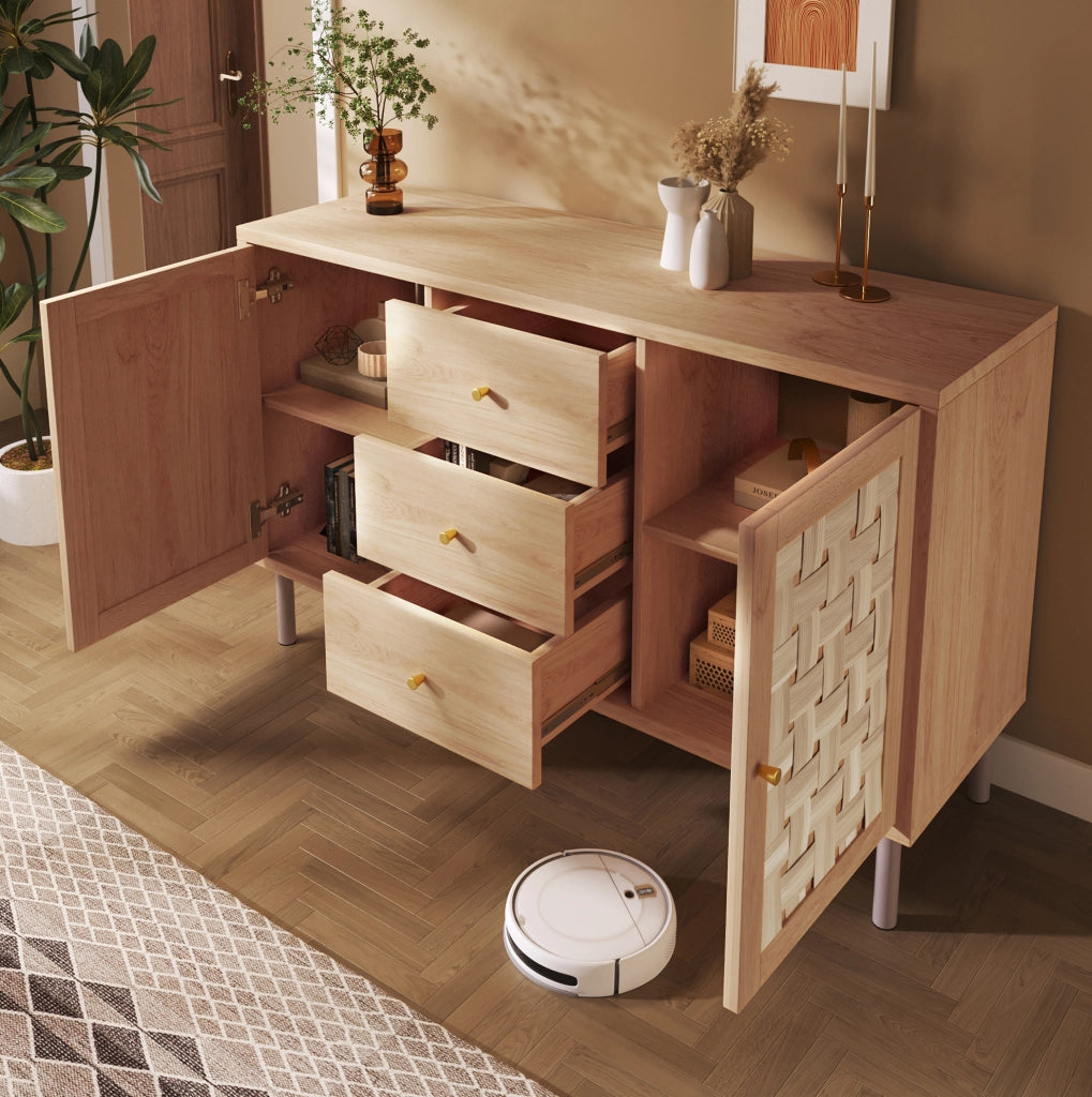 Credenza 120x40x75 cm rovere MDF e metallo, 2 ante e 3 cassetti
