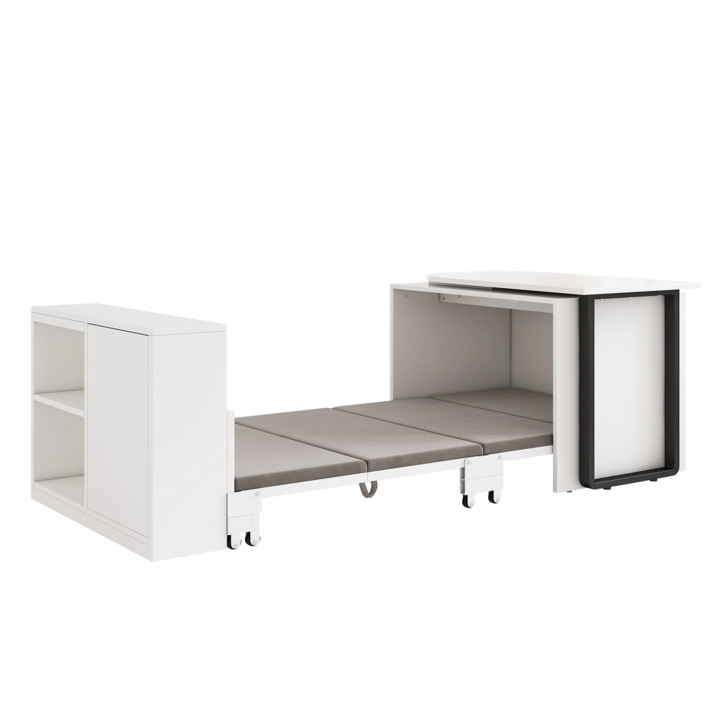 Scrivania 2 in 1 con letto pieghevole, struttura in metallo, materasso incluso, colore bianco