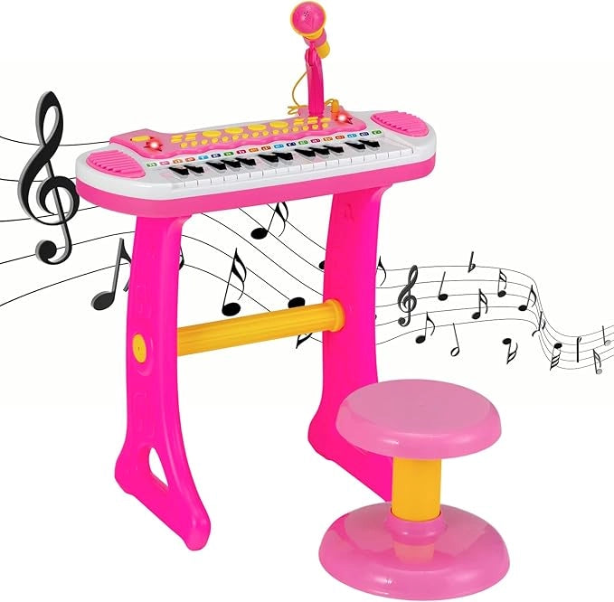 Pianoforte Digitale per Bambini 31 Tasti, Tastiera Elettronica Portatile, con Microfono e Luci, Funzionamento Registrazione e Playback, 3+ Anni, 45x23x45 cm (Rosa)