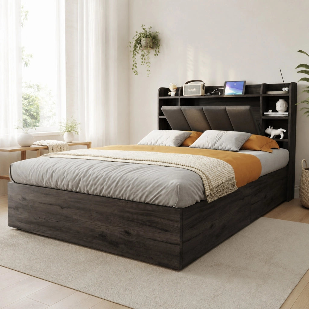 Letto singolo 140 ¡Á 200 cm con vano contenitore idraulico testiera con ripiani prese USB e Type C grigio in MDF