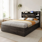 Letto singolo 140 ¡Á 200 cm con vano contenitore idraulico testiera con ripiani prese USB e Type C grigio in MDF