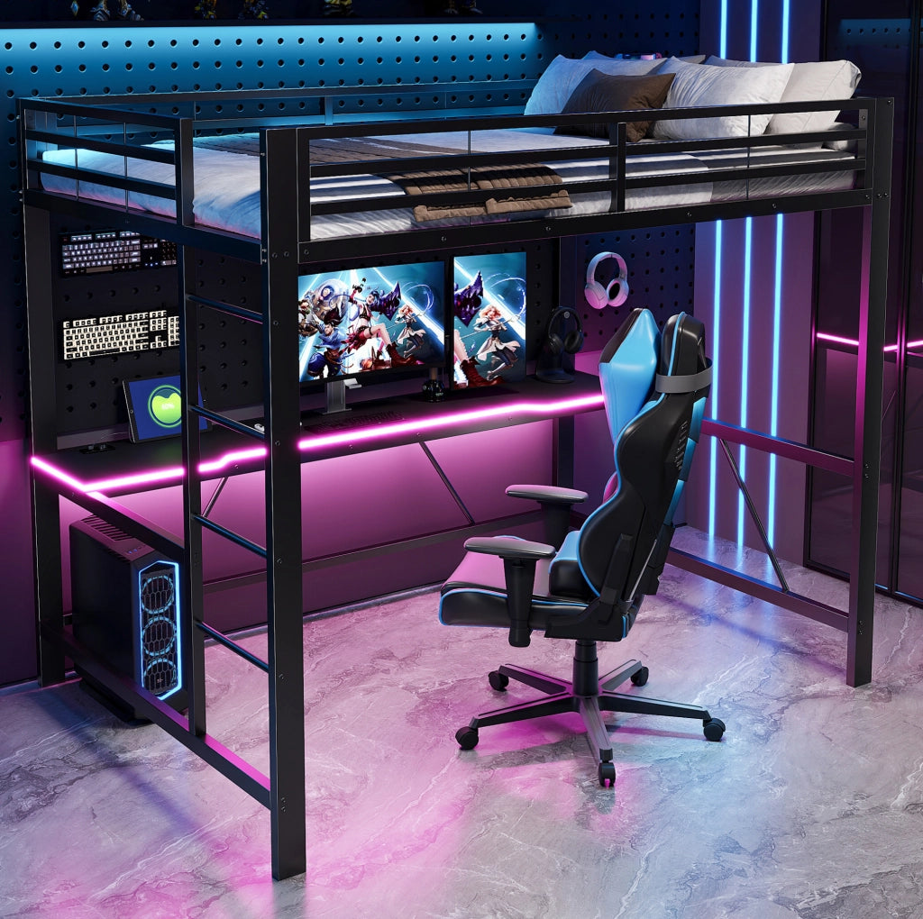 Letto a soppalco gaming 140x200 con LED, scrivania, nero
