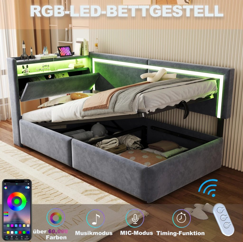 Divano letto imbottito 90x200 cm in velluto grigio con LED; USB e contenitore