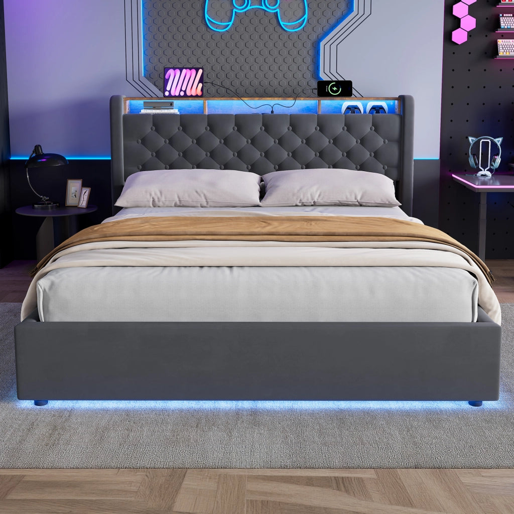 LETTO Imbottito 160 x 200 cm in Velluto Grigio Scuro con Contenitore