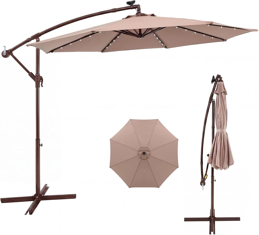 Ombrellone da Giardino 300 cm, 40 Luci LED Solari, Anti-UV, Inclinazione Regolabile, Manovella, 8 Stecche per Esterno Piscina Patio (Marrone)