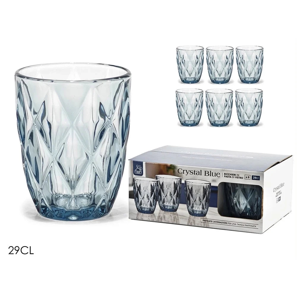 Trade Shop - Set 6 Bicchieri In Vetro Crystal Blue 29cl Per Acqua Bevande Motivo Sfaccettato A Diamante -